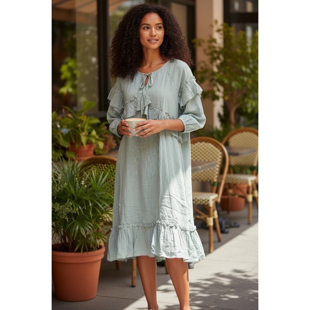 Hayden LA Dusty Mint Ruffle Tie Neck Dress Tunic | Size Large | Boho Cotton
